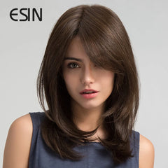 ESIN Synthetic Dark Brown Long Wave Wig with Bangs