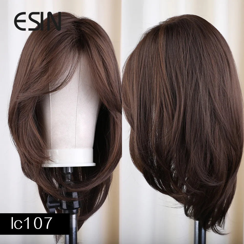 ESIN Synthetic Dark Brown Long Wave Wig with Bangs