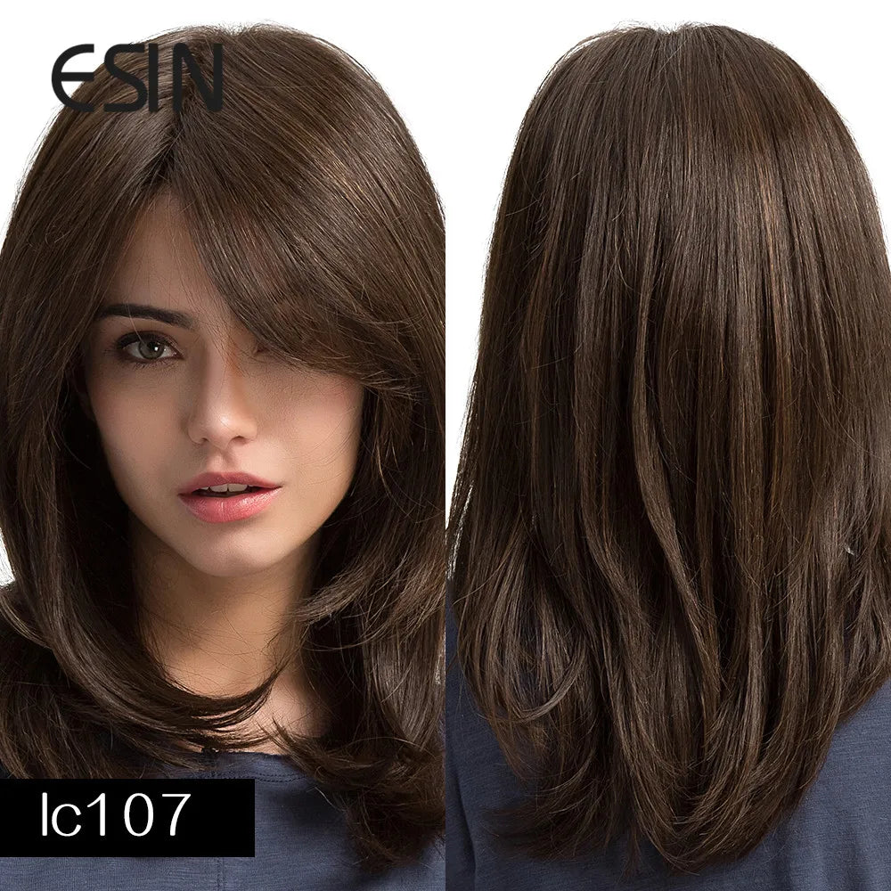 ESIN Synthetic Dark Brown Long Wave Wig with Bangs