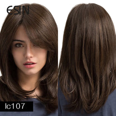 ESIN Synthetic Dark Brown Long Wave Wig with Bangs