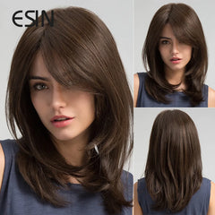 ESIN Synthetic Dark Brown Long Wave Wig with Bangs