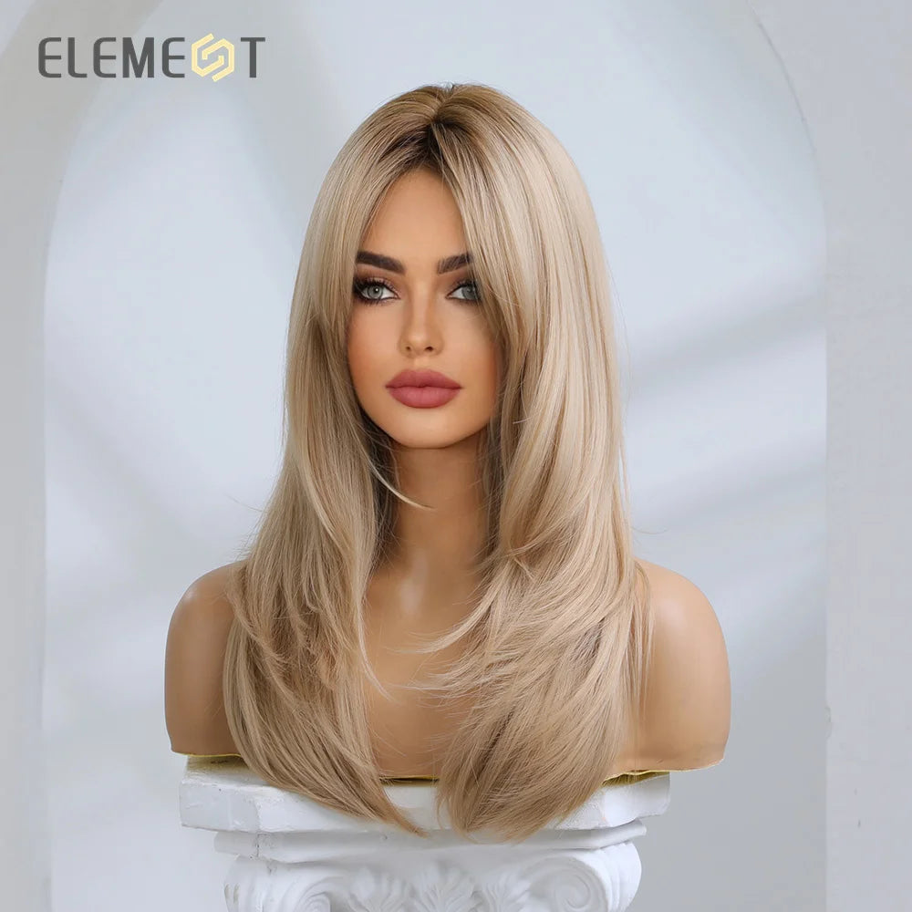 Element Synthetic Fiber Long Straight Wavy Brown Blonde Wig