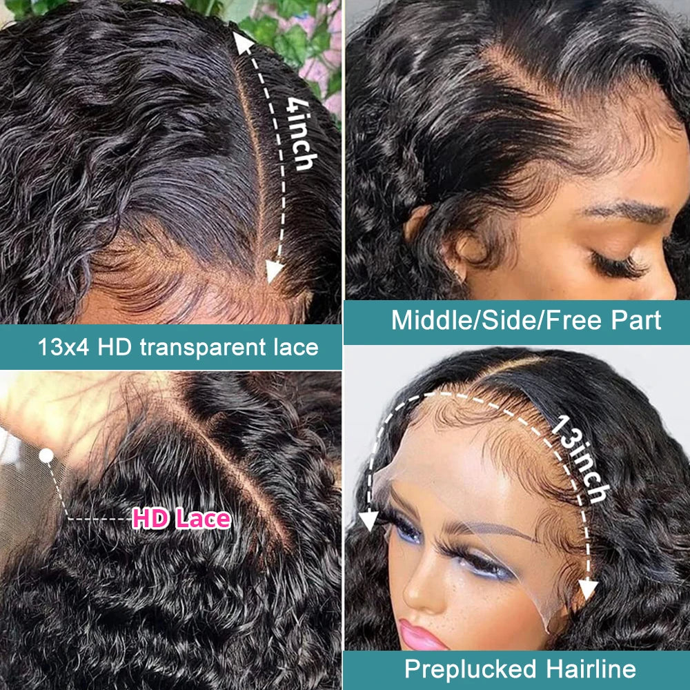 Density HD 13x6 Transparent Deep Water Wave Human Hair Lace Frontal Wig