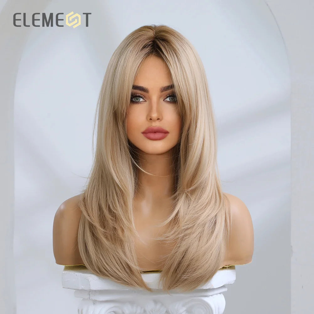 Element Synthetic Fiber Long Straight Wavy Brown Blonde Wig