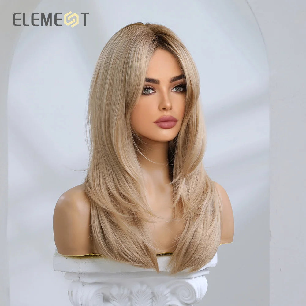 Element Synthetic Fiber Long Straight Wavy Brown Blonde Wig